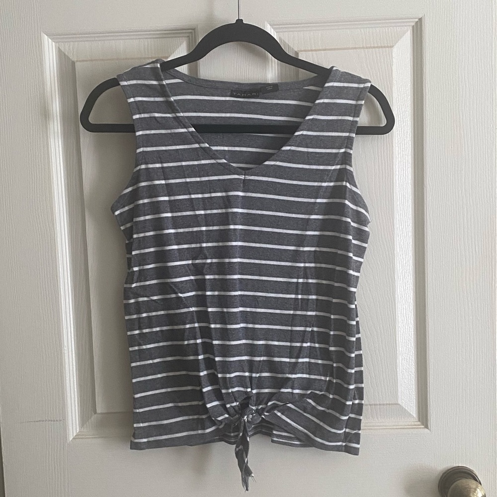 Gray & White striped v-neck with tie front